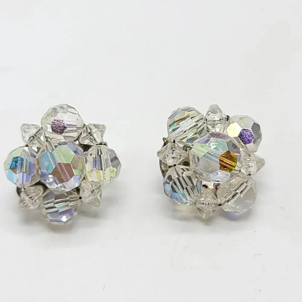 Silver Tone AB Acrylic Crystal Floral Bead Cluster Clip On Earrings Vintage